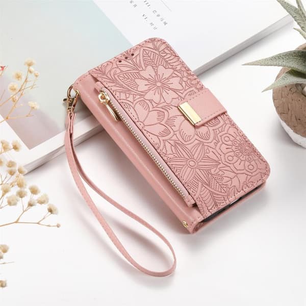 [LCS] iPhone 16 Pro Deksel Lommebok med Blomster og Blader, Glidelås Lommebok med Stropp Rosa