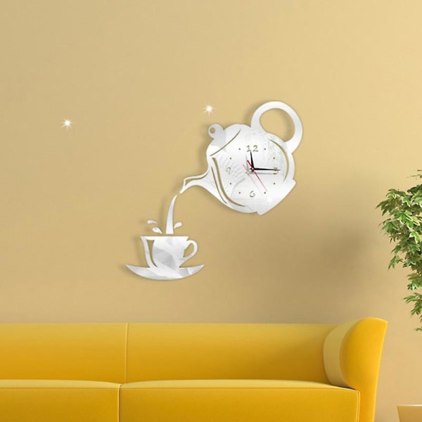 3d väggklocka Akryl kaffekopp tekannor Perfekt konst dekorera modern vägghängande klocka för hemmet Sliver