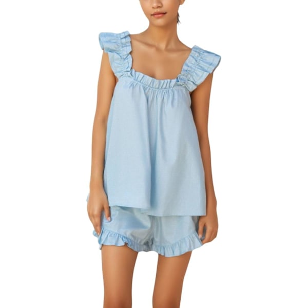 sv Dam sommar 2-delat set Mode volangdetaljer Cami och avslappnade shorts set Bomulls pyjamasset Blå Medium