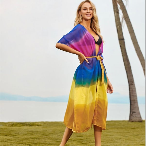 Chiffong Dam Kaftan Strandkläder Regnbågsfärg Solskydd Bikini Överdrag