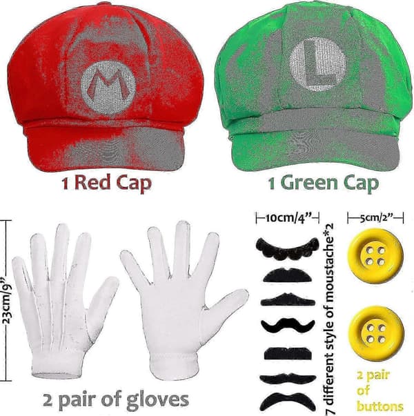 [LCS]2025 Nye Mario og Luigi Hatter Caps Bart Hansker Knapper Cosplay Kostyme