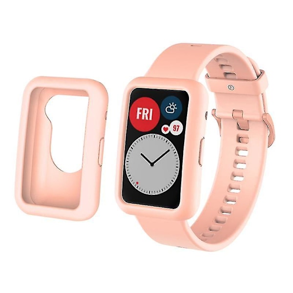 Silikone Armbåndsrem til Huawei Watch Fit, Udskiftningsrem + Ridsefast Urkasse Lys pink, Lys Pink Style B Huawei Watch Fit Light pink, Light Pink