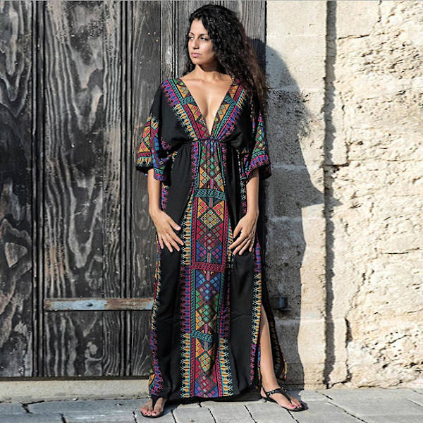 Trykket Dame Kaftan Strandklær V-hals Solbeskyttelse Bikini Cover Up