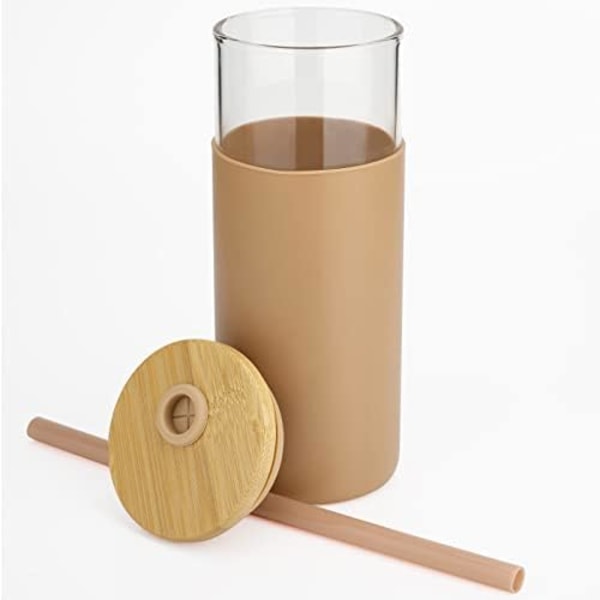 tronco 590 ml glas vandflaske med sugerør, silikone beskyttelsesærme og bambuslåg - BPA-fri - amber Amber 2 Count (Pack of 1)