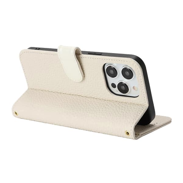 För iPhone 13 Pro Max 12 Pro Max Stativfodral Litchi Textur Äkta Kohud Plånboksfodral RFID-blockerande Vit