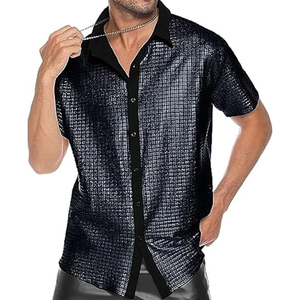 Herr 70-tals 80-tals Glittriga Paljett Skjortor Metallisk Party Kostym Kortärmad Knäppskjorta Rolig Nattklubbs T-shirt Svart XL Black