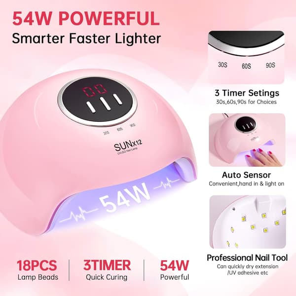 [LCS]UV LED Nail Light 54W Nail Dryer Gel Polish Light 3 Timer Settings Professional Quick Drying Curing Lamp with Display Auto Sensor, Pink