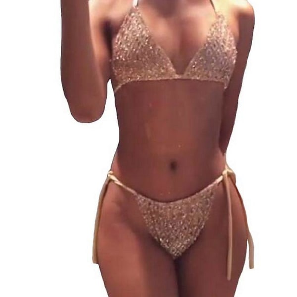 Seksikäs naisten kesän halterneck paljettimekko sidebikinit Push-up setti pehmustettu rintaliivit uimapuku uima-asu ranta Gold M