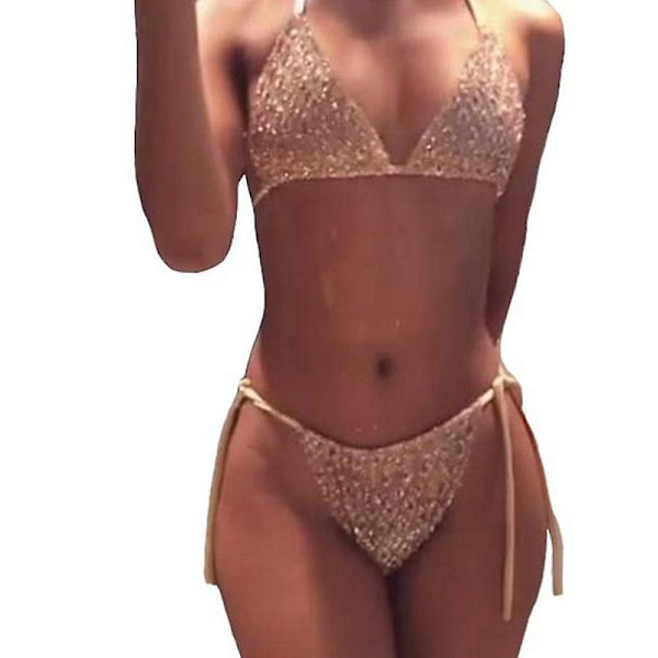 Sexet Dame Sommer Halter Sequins Bandage Bikini Push-up Sæt Polstret BH Badedragt Strandtøj Gold L