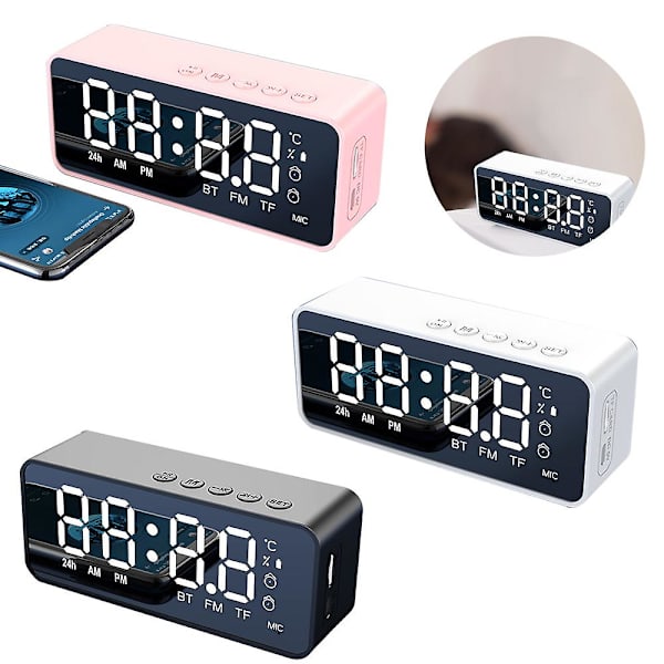 Trådløs Bluetooth Høyttaler FM Radio Lydboks Skrivebordsvekkerklokke Black