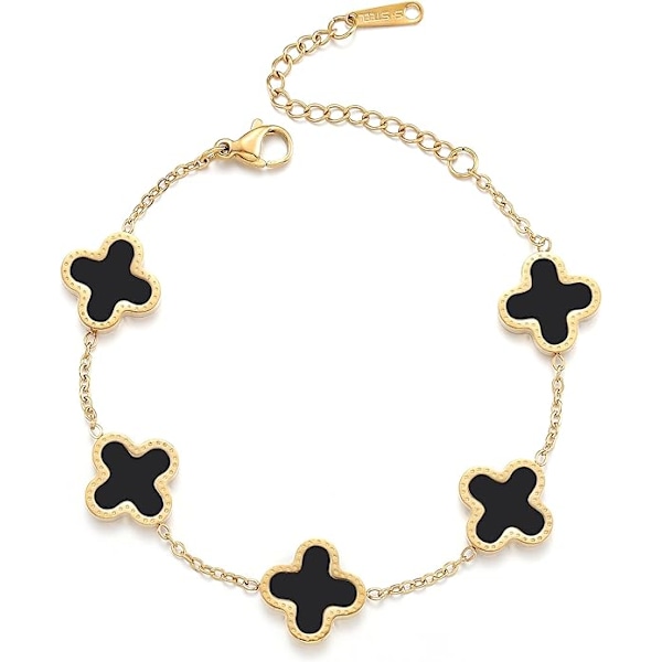 1 stk. Armbånd til Kvinder 18K Guldbelagt Kløver Venskabsarmbånd Heldige Firkløver Justerbare Armbånd Black