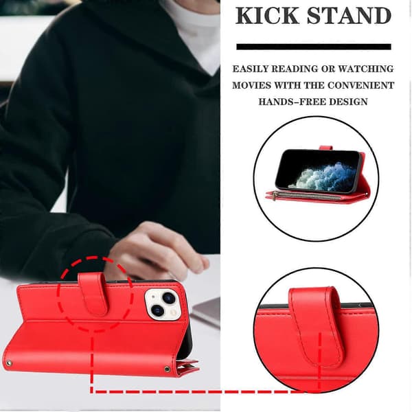 Kompatibelt med iPhone 15 plånboksfodral premium blixtlås stort utrymme flip PU-läderfodral Red