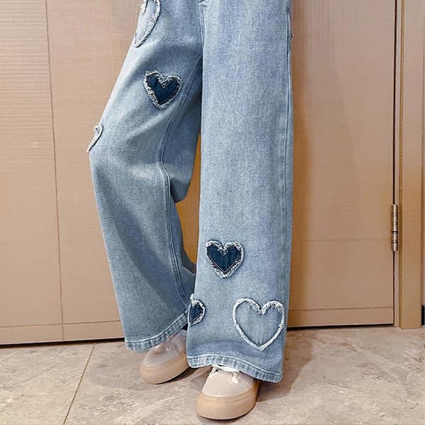 [LCS] Flickor vida ben jeans elastisk midja byxor hjärtmönster tryck jeans för semester vardagskläder skola 140