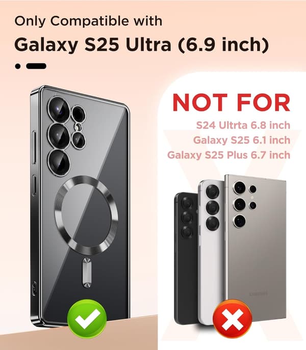 [LCS]Magnetic Case Samsung Galaxy S25 Ultra, Compatible with MagSafe, [Full Camera Protection] [Screen Protector] Shockproof Plated Transparent Black\/Clear