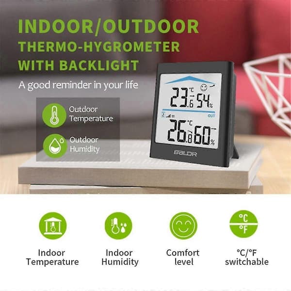 Baldr Digital LCD Værstasjon Innendørs Utendørs Trend Hygrometer Termometer Trådløs Fjernsensor White