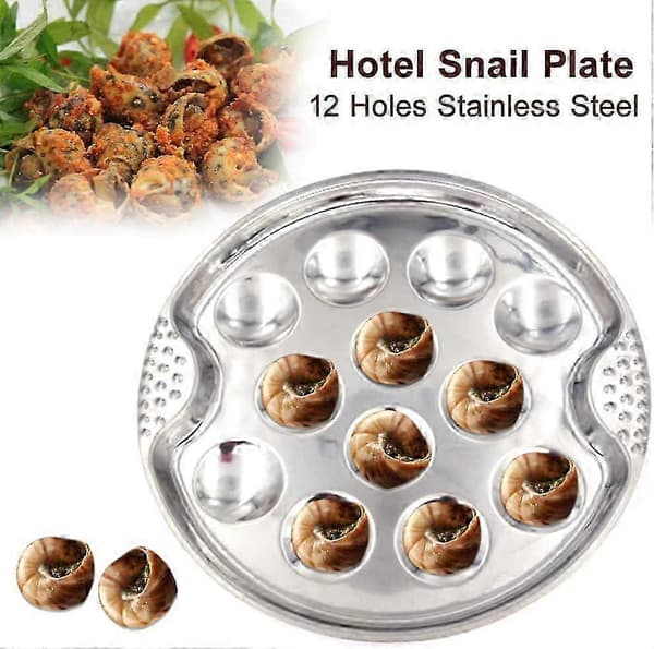 Serveringsfad til escargot i rustfrit stål med 12 rum og tangsæt til madpræsentation