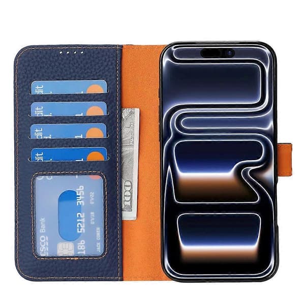 Kompatibelt för iPhone 17 Pro Ställfodral Litchi Textur Äkta Läder Plånbok Telefonfodral RFID Blue