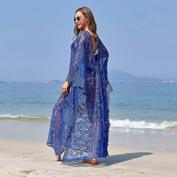 [LCS] Strandöverdrag Boho Spetskimono Plus Size Bikini Robe Baddräkt för kvinnor Solid-MXBC Royal Blue