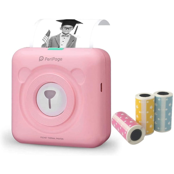 Mini fotoskrivare, trådlös Bluetooth thermal skrivare Uppladdningsbar etikettmaskin 3+1 rullar thermal etikettpapper Pink