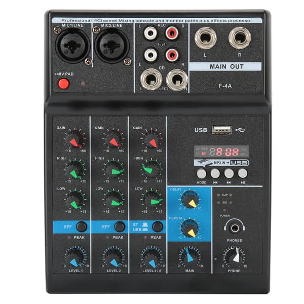 [LCS] 4-Channel Audio Mixer Console, Reverb Delay Effect with Portable Mini Mixer Design, USB Audio Interface and Wireless Bluetooth Streaming for Live Use