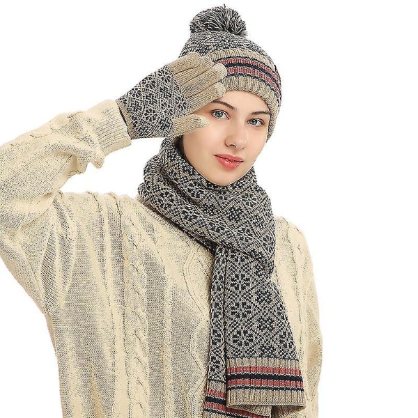 3st Unisex Pompom Beanie Hat Scarf Handskar Set Jacquard Plysch Fodrad Beige