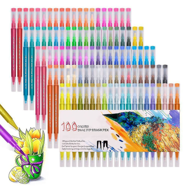 100 färger dubbel penselpenna set, konstnärliga akvarellmarkörer med dubbelsidiga spetsar, ljusa och levande färger