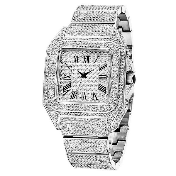 Hiphop Full Iced Out Klockor Silver Guld Rhinestone Kvarts Armbandsur (silver)