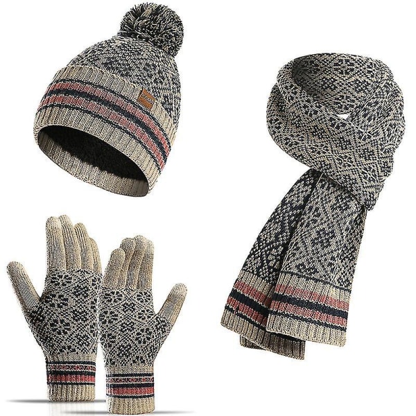 Damscarf, Handskar, Mössa Set Beige