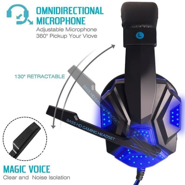 Spelheadset med mikrofon och led-ljus för bärbar dator 3,5 mm trådbunden brusisolering Volymkontroll Gaming hörlurar Blue