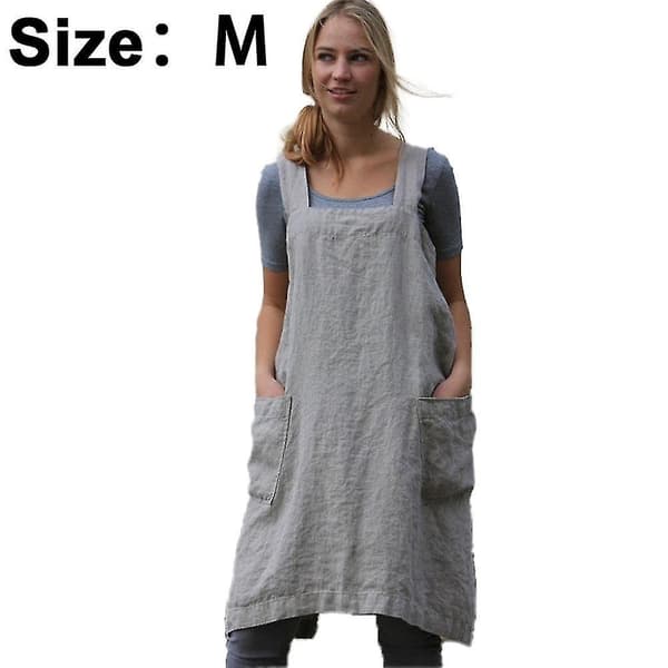 Bomull Lin Forkle Kryss Rygg Forkle For Kvinner Med Lommer Kittelkjole For Baking Matlaging Grey M