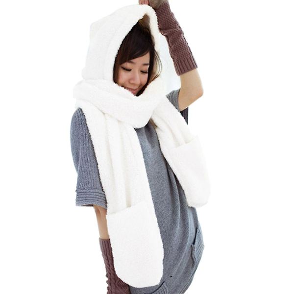 Vinter Varm Dame Hettegenser Hansker Lomme Øreklaff Lue Langt Skjerf Sjal Snood Wraps White