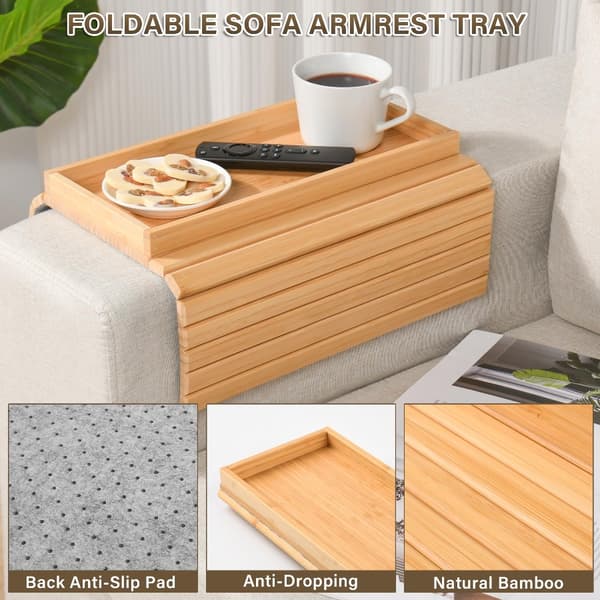 [LCS] Hopfällbart armstöd i bambustil för soffa, ingen montering, droppfri mugghållare, halkfri kudde för soffa, kontor Natural