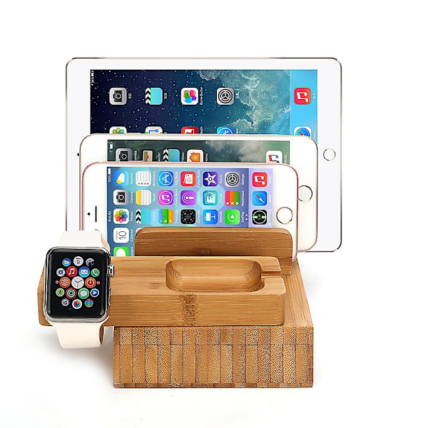 4-porttinen bambu latausasema, yhteensopiva iPhone-, Samsung- ja iWatch-laitteiden kanssa Britain Standard