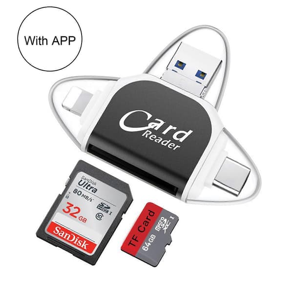 Plug & Play 4-i-1 SD TF-kortlæser til Apple- og Android-enheder black