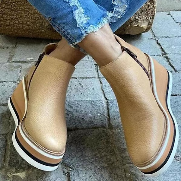 Dame Premium Ensfarvede Wedge Ankelstøvler Rund Tå Fodtøj Wedges Casual Sko Moderigtige Khaki 43