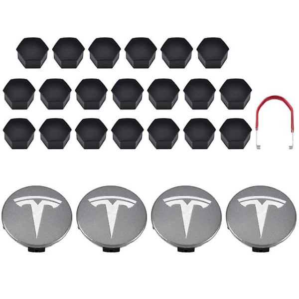 Tesla Model 3 Y S X Hjulkapselkit Centerkapsel Nav Mutter Skydd Svart Röd Vit Grå Med 4 Centerkapslar 20 Mutter Skydd Grey Silver Matte