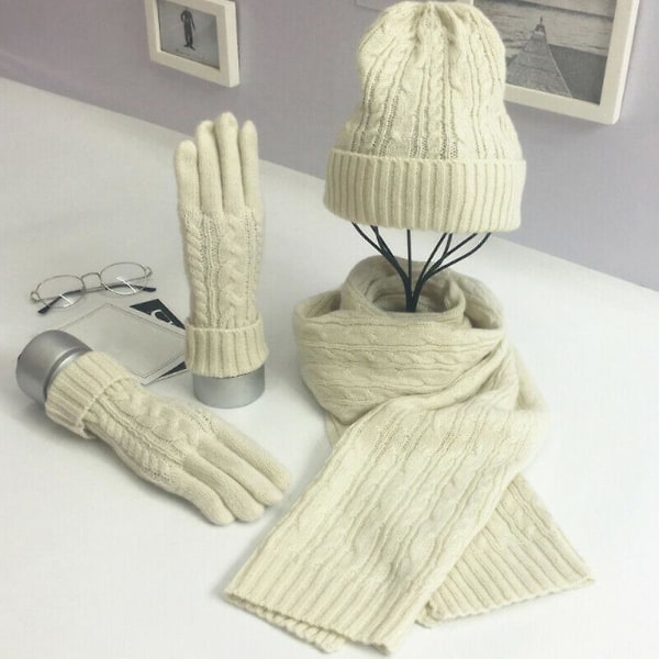 Vinter Dam Wooly Tjock Stickad Hat Scarf Handskar Set Varm Mjuk Stickad Woolen Set White