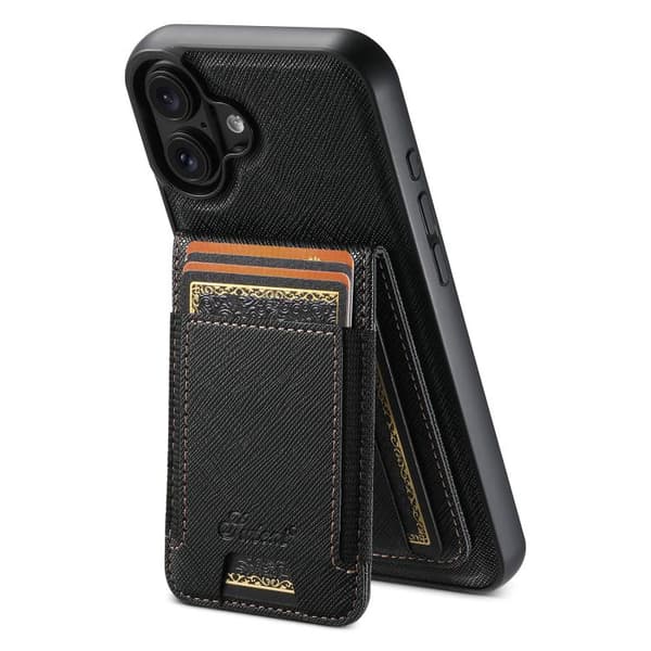 [LCS]iPhone 17 Case - Cross Grain Leather with MagSafe and Detachable Wallet Svart