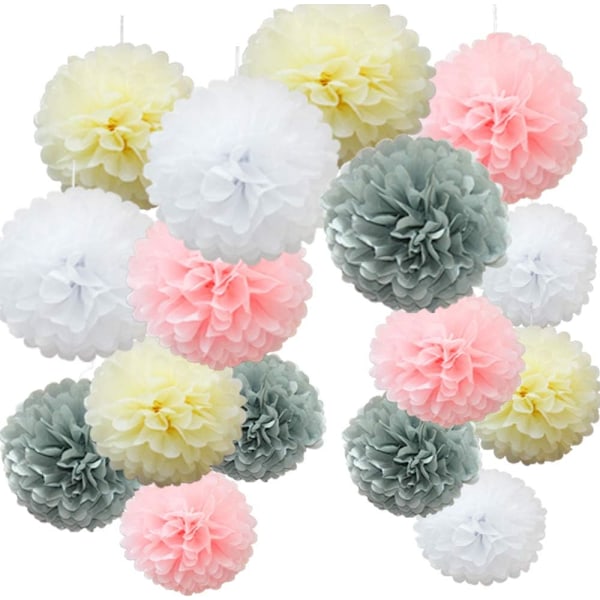 16 stk assorterte silkepapir-pomponger, pom pom blomster håndlagde bryllupsfest dekorasjonsballer, grånyanse Grey Shade