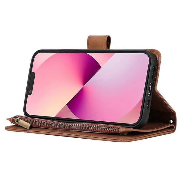 Kompatibelt etui til iPhone 11 Pro med lynlåslomme, læder, 9 kortpladser og håndledsrem Brown