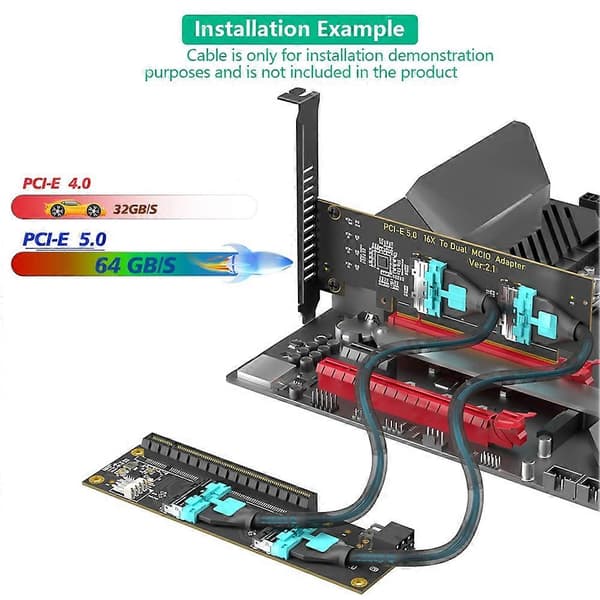 PCI-E 5.0 X16 till dubbel MCIO 8i-adapterkort PCIe Gen5 16X till 2-portars MCIO SFF-1016-omvandlare stöder förgrening