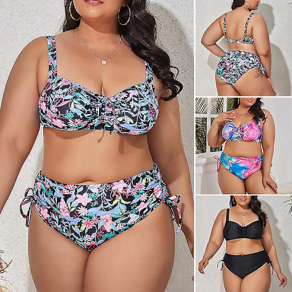 Naisten Oversize Bikini 2-osainen Rypytetty Pehmustettu Uima-asu Säädettävät Olkaimet Black L