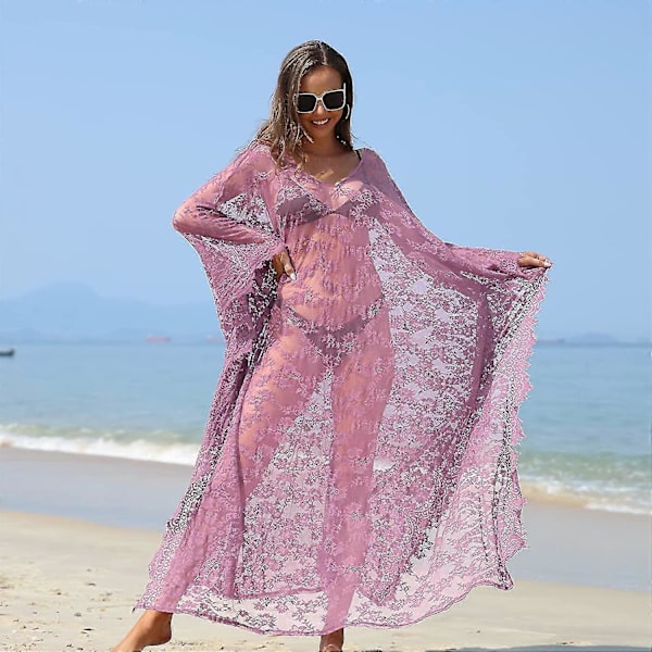 [LCS] Strandöverdrag Boho Spetskimono Plus Size Bikini Robe Baddräkt för kvinnor Solid-MXBC Plum