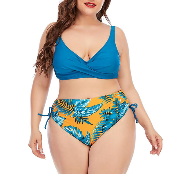 Damoversize bikini 2-delad högskuret printed badkläder Justerbar axelrem Baddräkt för Blue L