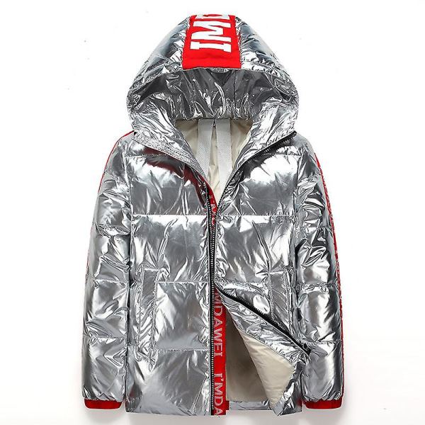 Dunjacka för män Vadderad kappa med krage Puffer Hooded Shiny Parka Slim Jackor Silver 2XL