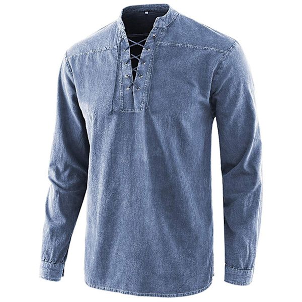 2020 Gotisk Retro T-skjorte for Menn med Snøring, V-hals, Denim, Langermet T-skjorte, Løse Topper for Menn Blue L