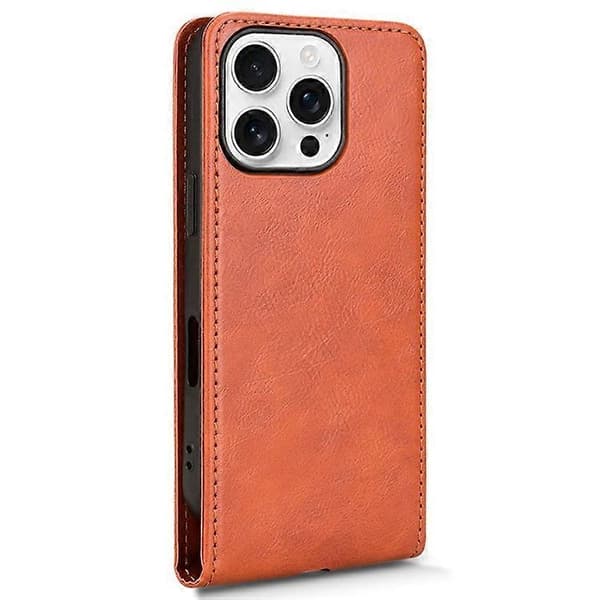 Kompatibelt etui til iPhone 16 Pro med kortplads, magnetisk vertikalt flip-cover i læder Orange