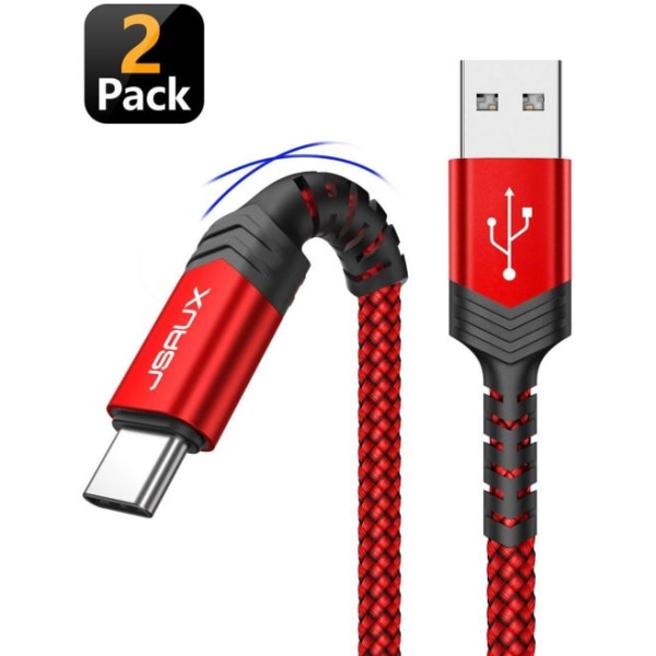 Förpackning med 2 USB -typ C / USB -kablar i flätad nylon, svart och r