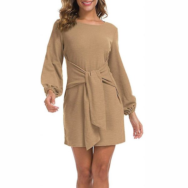 Elegant damekjole med lange lanterneærmer Khaki M
