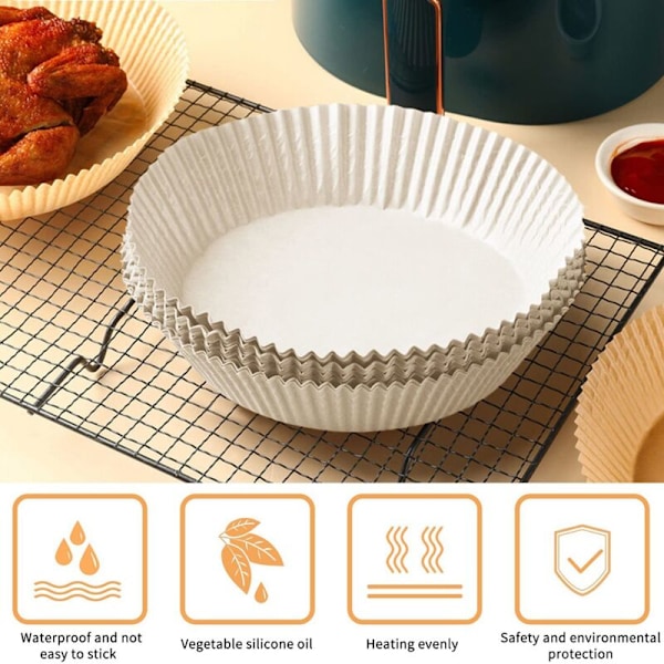 200 kpl Paperimuotteja Airfryer-laitteeseen, Kertakäyttöisiä, Tarttumattomia, Vedenpitäviä, Rei'itetty Leivinpaperi, Grillaus